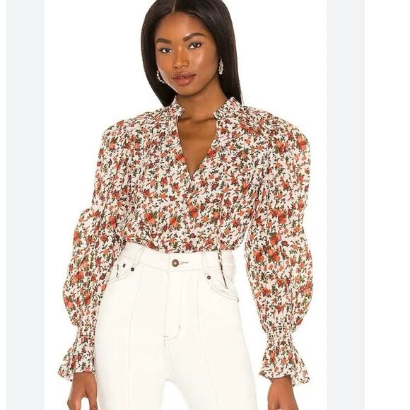 FREE PEOPLE Meant to Be Blouse Vintage Combo Boho Floral  Puff Sleeve SMALL - Picture 12 of 12